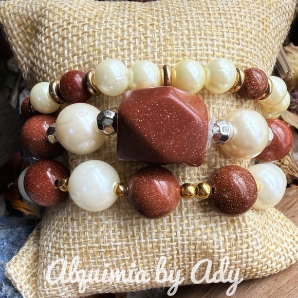 sunstone Silver and Brown Beaded Bracelet